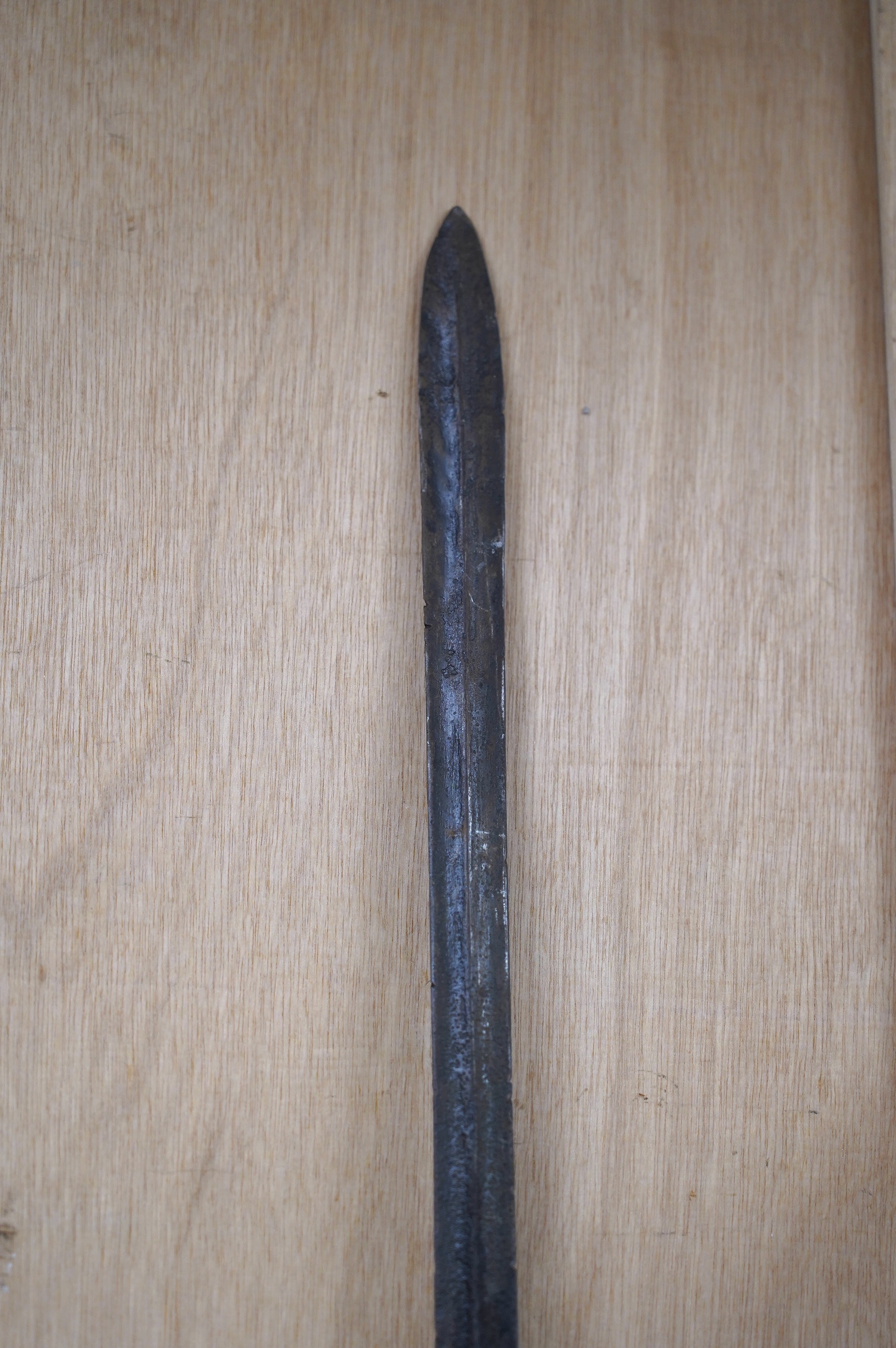 A Maasai spear with iron head, 214cm. Condition - fair, heavily pitted